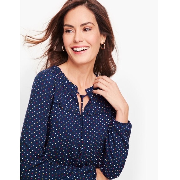 ❤️ NEW Talbots Tie Neck Polka Dot Print Top Ruffle Collar July 4th size L - Picture 2 of 5